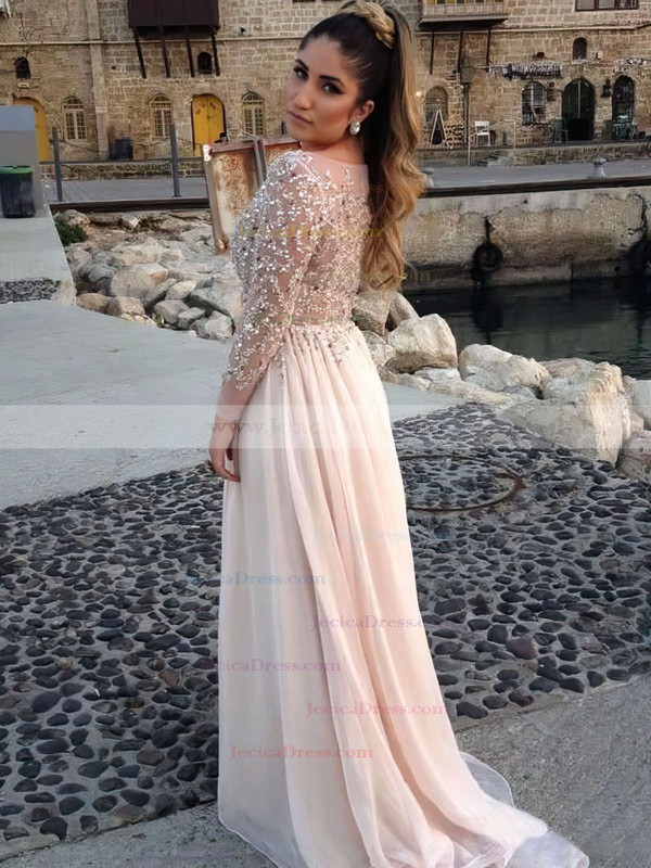 Scoop Neck Long Sleeve Pearl Pink Chiffon Beading Sparkly Prom Dress #JCD02016063