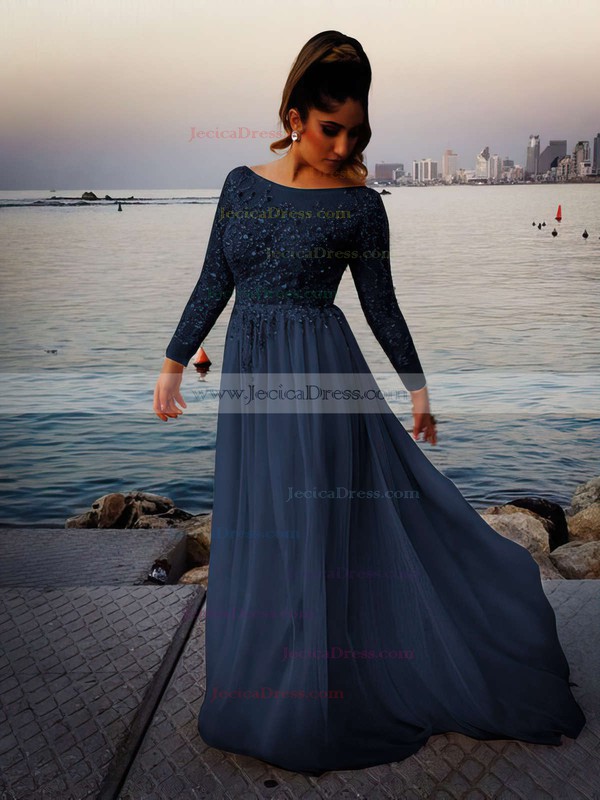 Scoop Neck Long Sleeve Pearl Pink Chiffon Beading Sparkly Prom Dress #JCD02016063
