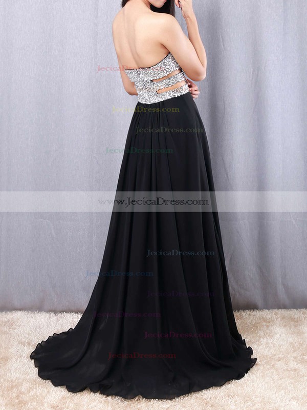 Ladies Sweetheart Split Front Chiffon with Beading Black Prom Dress #JCD02016065
