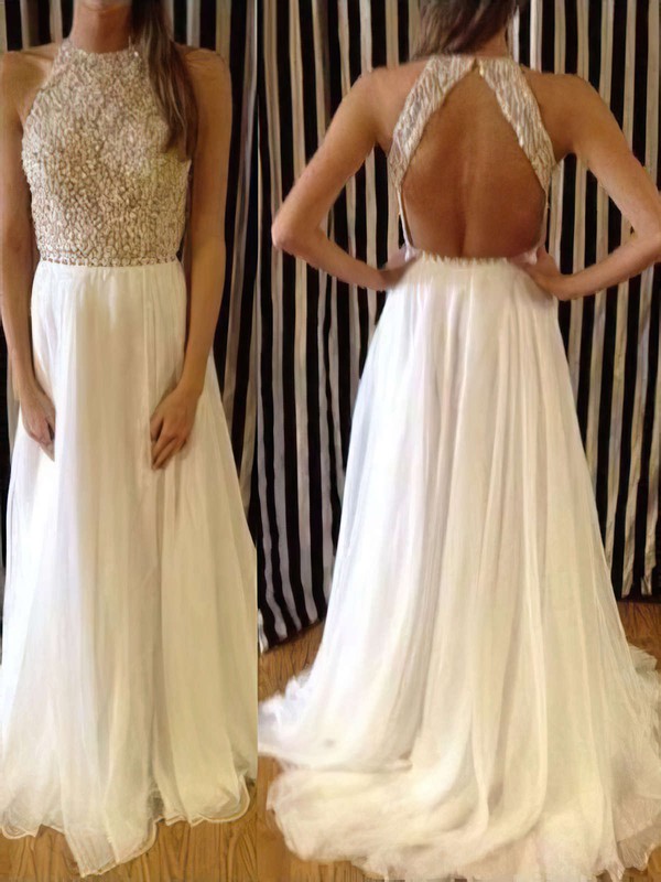 Nicest Ivory Chiffon with Pearl Detailing Sweep Train Backless Prom Dress #JCD02016066