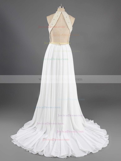 Nicest Ivory Chiffon with Pearl Detailing Sweep Train Backless Prom Dress #JCD02016066