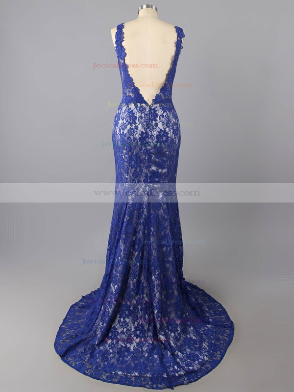 Trumpet/Mermaid Open Back V-neck Appliques Lace Royal Blue Lace Prom Dresses #JCD02016054