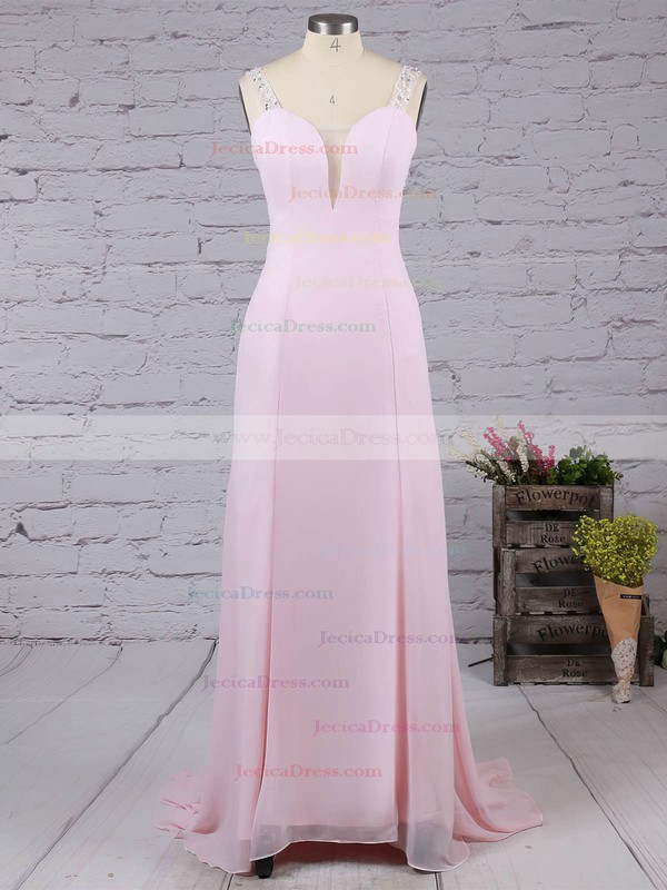 Pink Silk-like Satin Sweep Train Beading Open Back V-neck Prom Dresses #JCD02016058