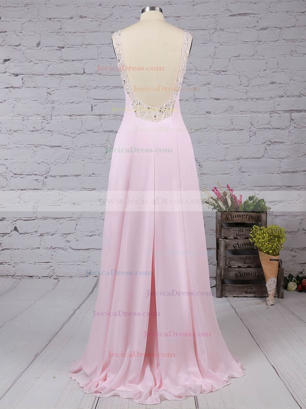 Pink Silk-like Satin Sweep Train Beading Open Back V-neck Prom Dresses #JCD02016058