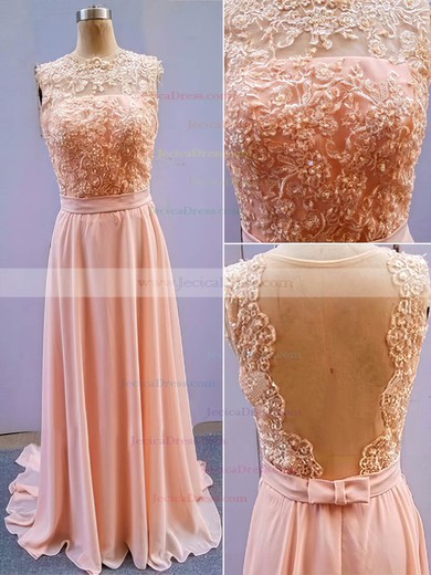 Chiffon A-line Scalloped Neck Floor-length Lace Prom dresses #JCD02014904