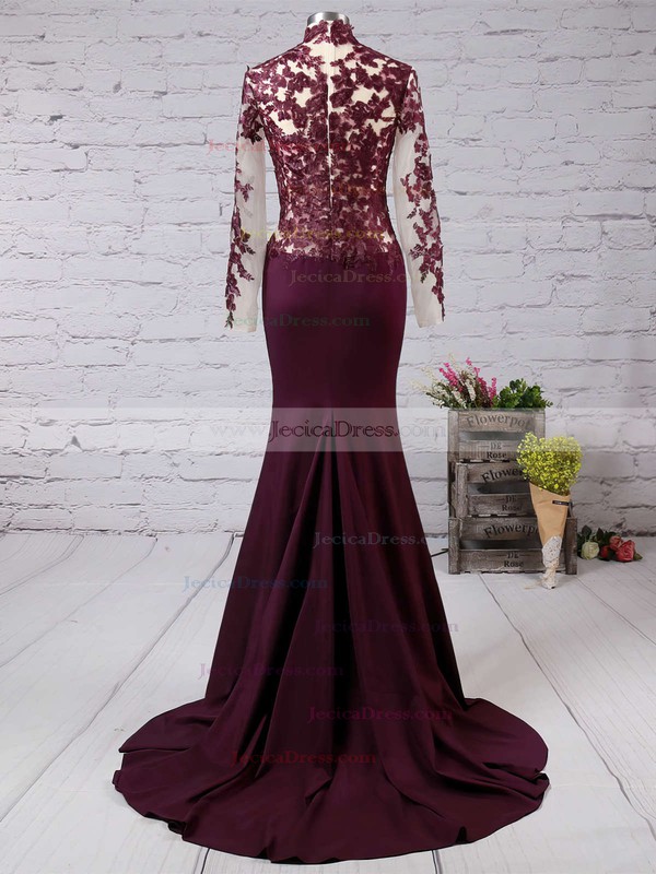 Long Sleeve Sweep Train Red Silk-like Satin Appliques Lace High Neck Prom Dress #JCD02016267