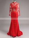 Long Sleeve Sweep Train Red Silk-like Satin Appliques Lace High Neck Prom Dress #JCD02016267
