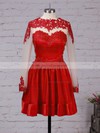 Elastic Woven Satin Tulle Scoop Neck Appliques Lace Long Sleeve Short/Mini Prom Dresses #JCD02016430