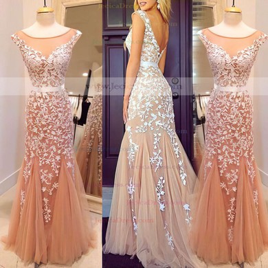 Scoop Neck Trumpet/Mermaid Tulle with Appliques Lace Cap Straps Champagne Prom Dresses #JCD02016778