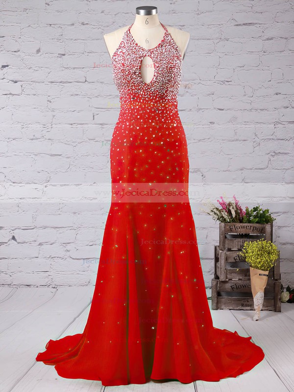 Elegant Trumpet/Mermaid Open Back Beading Chiffon Halter Red Prom Dress #JCD02016783