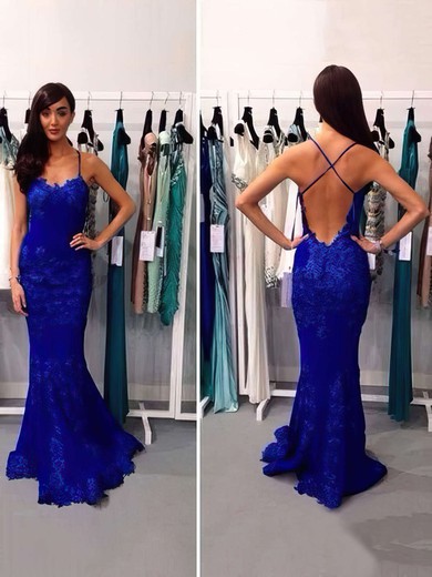 Spaghetti Straps Trumpet/Mermaid Open Back Modest Royal Blue Lace Prom Dress #JCD02016794
