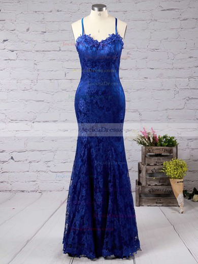 Spaghetti Straps Trumpet/Mermaid Open Back Modest Royal Blue Lace Prom Dress #JCD02016794