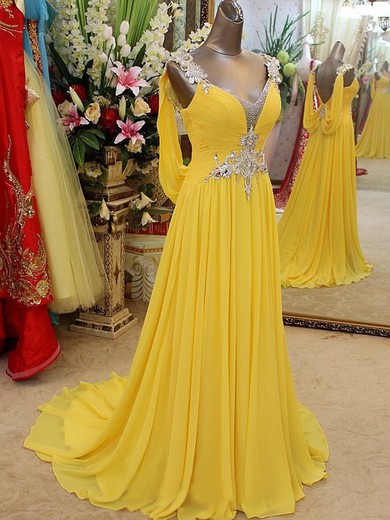V-neck Yellow Chiffon Crystal Detailing Open Back Sweep Train Prom Dress #JCD02016799