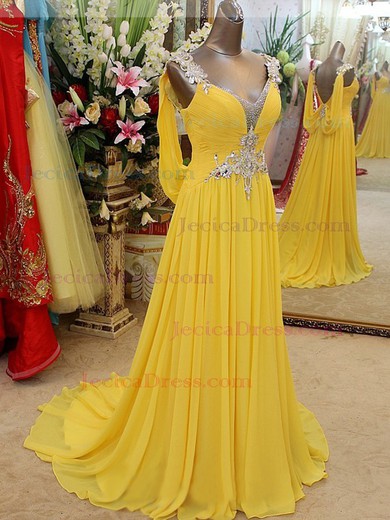 V-neck Yellow Chiffon Crystal Detailing Open Back Sweep Train Prom Dress #JCD02016799