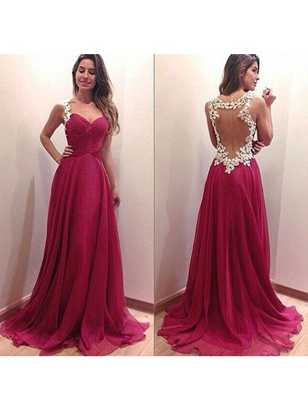 Girls Chiffon Tulle with Appliques Lace Sweep Train Burgundy Prom Dress #JCD02016831