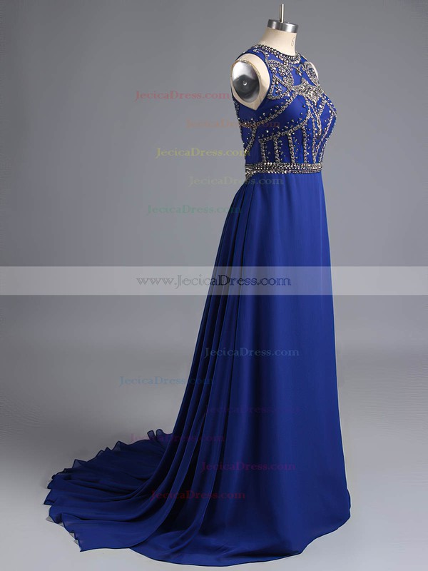 Junior Scoop Neck Crystal Detailing Chiffon Tulle Dark Navy Prom Dress #JCD02016841