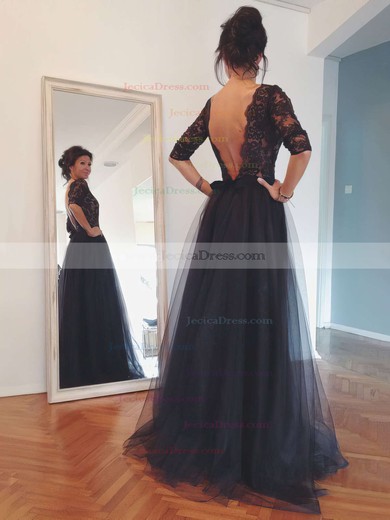 Best Scoop Neck Tulle Lace with 3/4 Sleeve Floor-length Black Prom Dress #JCD02016844