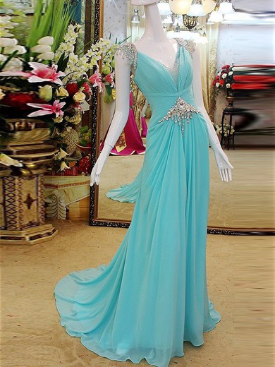 V-neck Chiffon Tulle with Cap Straps Beading Informal Sweep Train Prom Dresses #JCD02016856