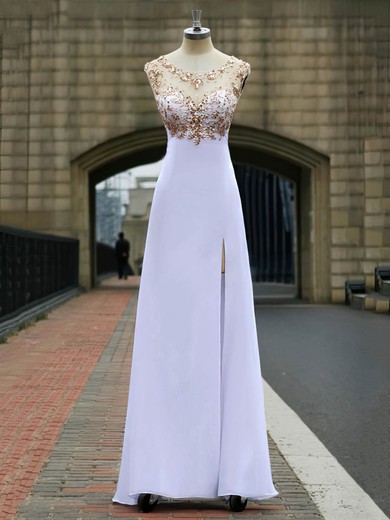 Beautiful Scoop Neck Split Front Chiffon with Beading Sheath/Column White Prom Dresses #JCD02016859