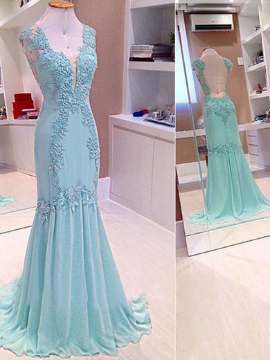 Sweep Train Blue Chiffon Tulle Applique Lace Nice V-neck Prom Dresses #JCD02016862