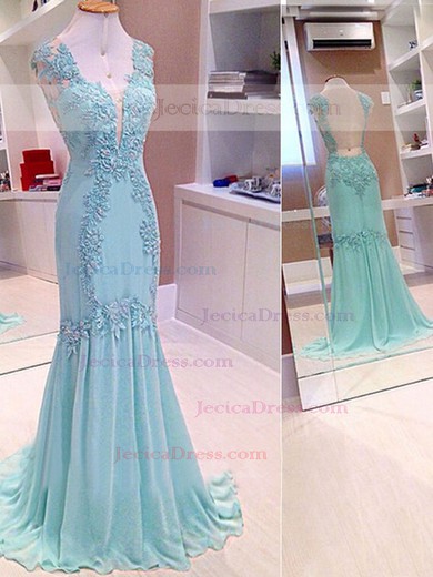Sweep Train Blue Chiffon Tulle Applique Lace Nice V-neck Prom Dresses #JCD02016862