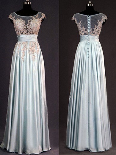 Silk-like Satin Scoop Neck Cap Straps Appliques Lace Sheath/Column Prom Dress #JCD02016876