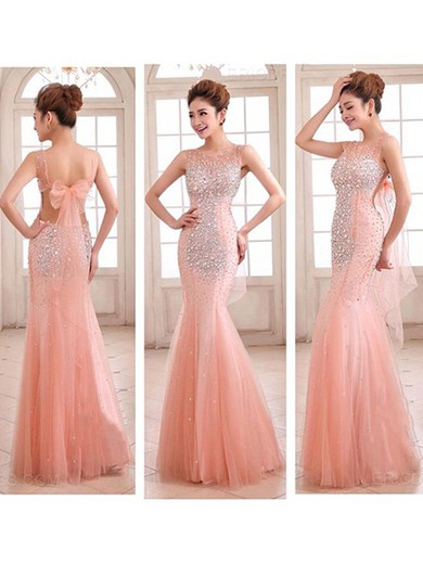 Pink Scoop Neck Tulle with Crystal Detailing Bow Trumpet/Mermaid Prom Dress #JCD02016892