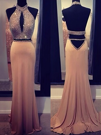 Trumpet/Mermaid Backless Champagne Silk-like Satin Crystal Detailing Two Piece Prom Dress #JCD02016916