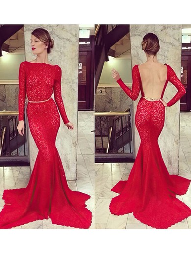 Red Lace Trumpet/Mermaid Long Sleeve Backless Scoop Neck Prom Dresses #JCD02016939
