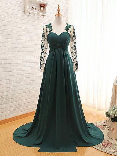 Sweetheart Dark Green Chiffon Sweep Train Appliques Lace Long Sleeve Prom Dresses #JCD02016943