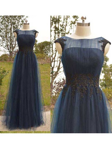 Princess Scoop Neck Appliques Lace Cap Straps Dark Navy Tulle Prom Dresses #JCD02018166