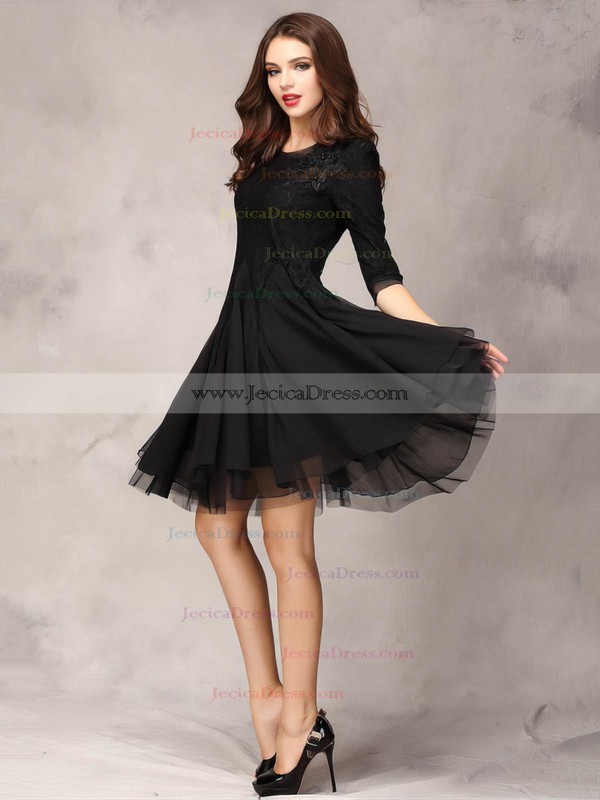 Lace Chiffon Tulle A-line Scoop Neck Short/Mini Appliques Lace Prom Dresses #JCD02018178