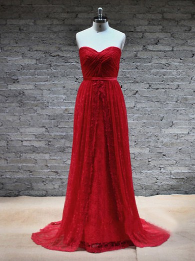 Nice Red Sweetheart Lace with Sashes / Ribbons Court Train Prom Dress #JCD02017942