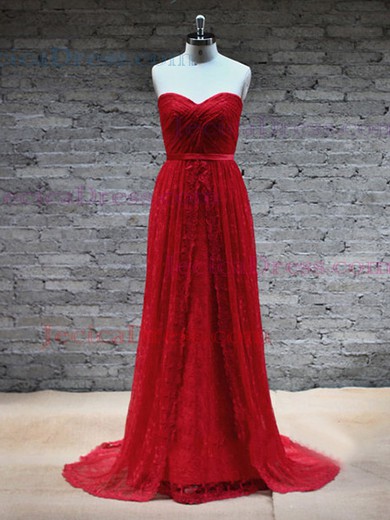 Nice Red Sweetheart Lace with Sashes / Ribbons Court Train Prom Dress #JCD02017942