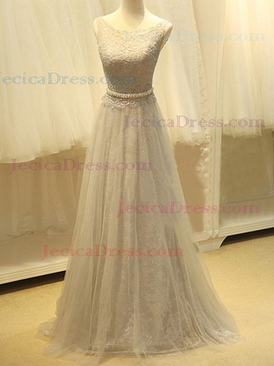 Scoop Neck Lace Tulle ashes / Ribbons Best Sweep Train Prom Dress #JCD02017981