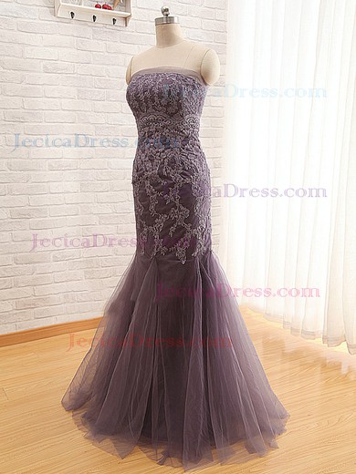 Affordable Trumpet/Mermaid Tulle with Appliques Lace Strapless Long Prom Dresses #JCD02017794