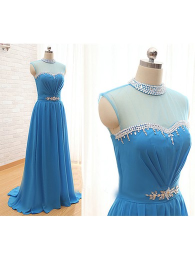 High Neck Chiffon Tulle Crystal Detailing Cap Straps Sweep Train Blue Prom Dresses #JCD02017795