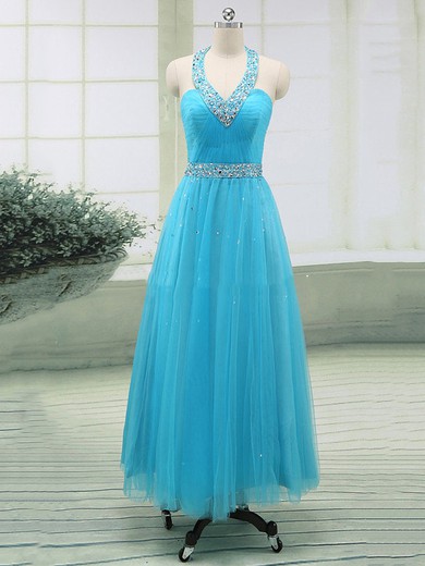 Pretty Princess Blue Tulle Beading Open Back Halter Prom Dresses #JCD02017862