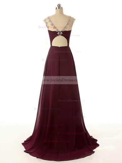 Sweep Burgundy Train Chiffon Tulle Open Back Scoop Neck Prom Dresses #JCD02017904
