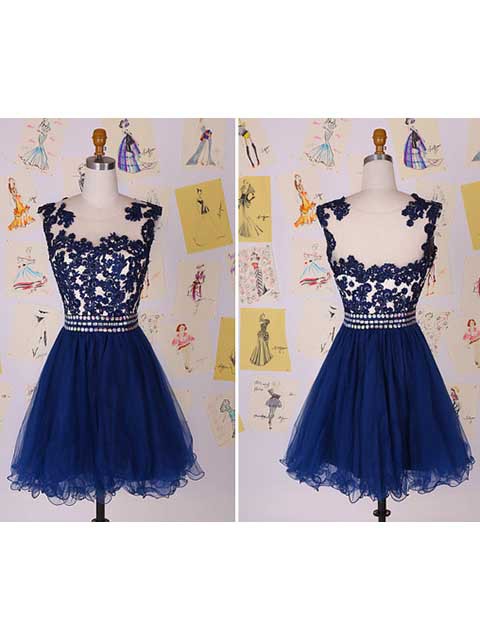 Short/Mini Tulle with Appliques Lace Modern Royal Blue Prom Dress #JCD02017745