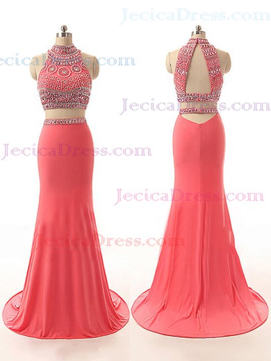 Two Pieces Watermelon Chiffon Beading Trumpet/Mermaid Prom Dresses #JCD02017775