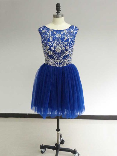 Hot Short/Mini Royal Blue Tulle Ruffles Beading Scoop Neck Prom Dress #JCD02017469