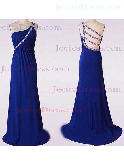 Royal Blue Informal Sweep Train Chiffon Beading One Shoulder Prom Dress #JCD02017621