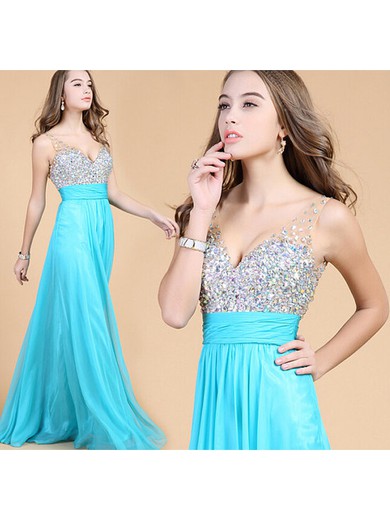 A-line Blue Chiffon Beading V-neck Nice Prom Dresses #JCD02017652