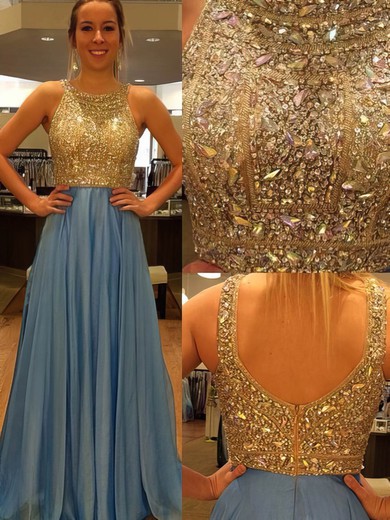 A-line Chiffon Tulle Scoop Neck with Beading Blue Ladies Prom Dresses #JCD02018846