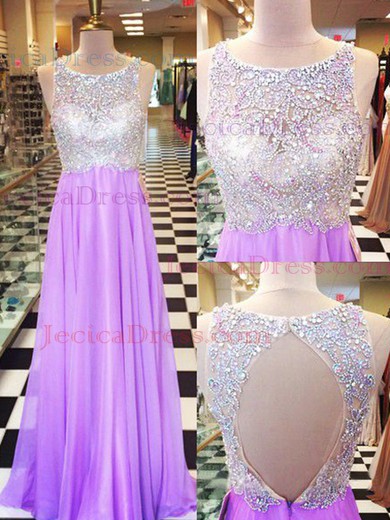 Modest Chiffon Tulle with Beading Scoop Neck Lilac A-line Prom Dresses #JCD02018847