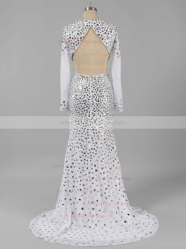 White Chiffon Scoop Neck Crystal Backless Long Sleeve Sheath/Column Prom Dress #JCD02018849