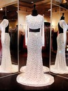 White Chiffon Scoop Neck Crystal Backless Long Sleeve Sheath/Column Prom Dress #JCD02018849