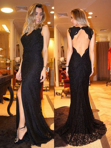Black Lace V-neck Open Back and Split Front Sheath/Column Prom Dress #JCD02018854