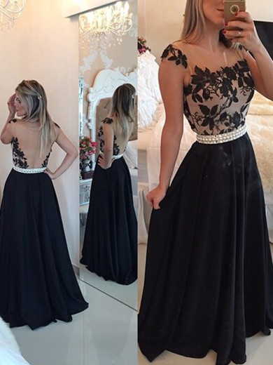 A-line Black Satin and Tulle Beading Appliques Lace Scoop Neck Prom Dresses #JCD02018859